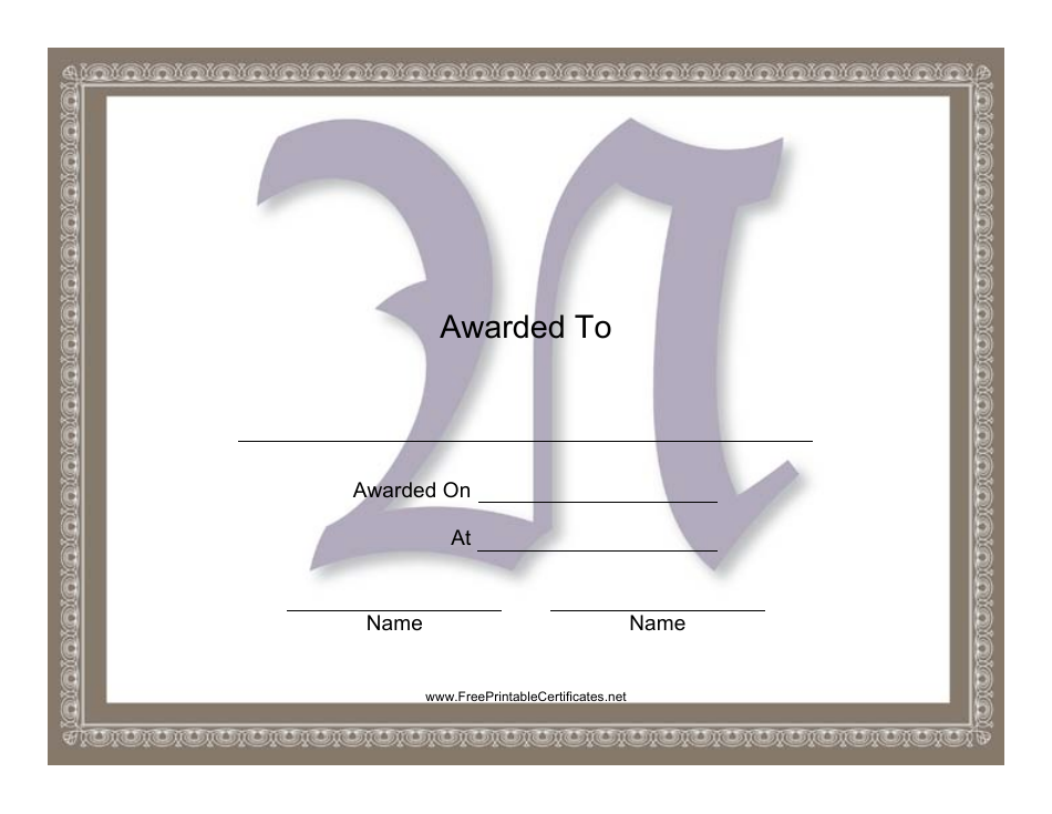 Centered N Monogram Certificate Template - Preview