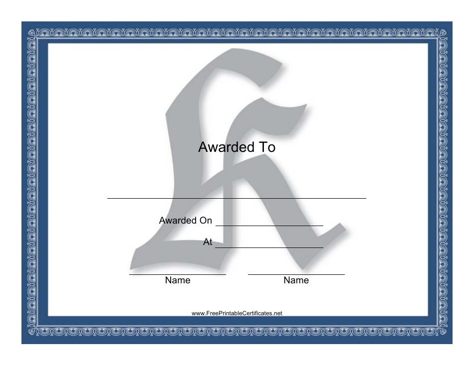 Centered K Monogram Certificate Template - Download Blank Customizable Design