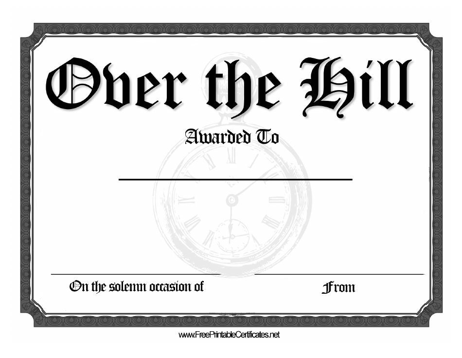 Over the Hill Award Certificate Template - Free Printable image with hilltop design