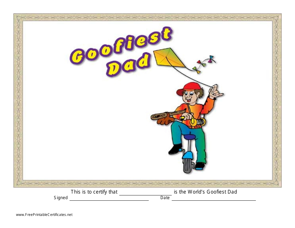 Goofiest Dad Certificate Template - Printable award design for the funniest and most entertaining dad.