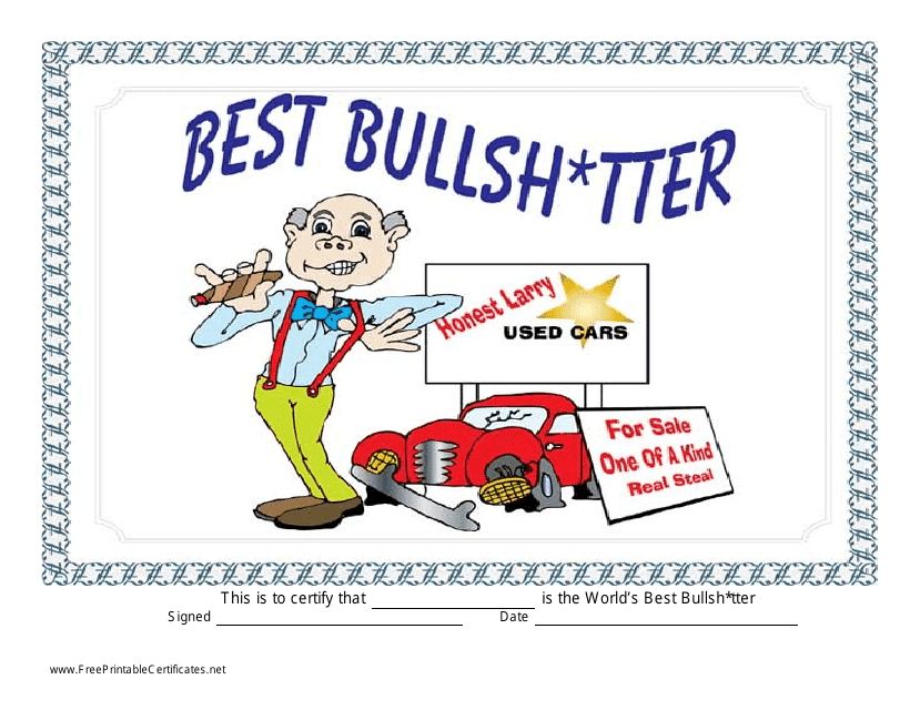 &quot;Best Bullshtter Certificate Template&quot; Download Pdf