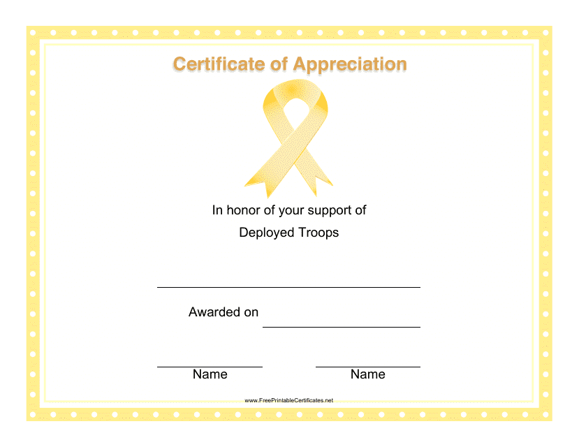 &quot;Deployed Troops Support Certificate of Appreciation Template&quot; Download Pdf