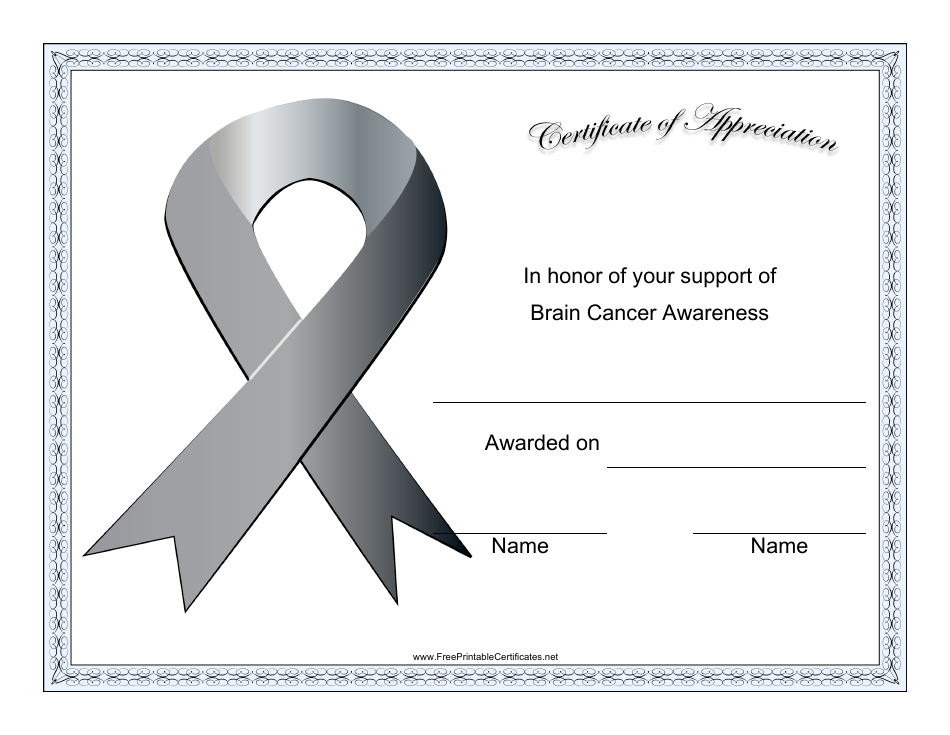 Brain Cancer Awareness Certificate of Appreciation Template - Preview