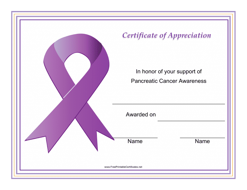 &quot;Pancreatic Cancer Awareness Certificate of Appreciation Template&quot; Download Pdf