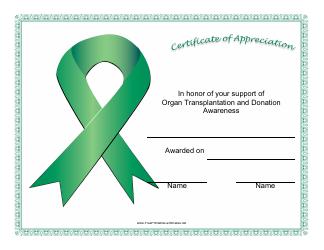 Document preview: Organ Transplantation and Donation Awareness Certificate of Appreciation Template