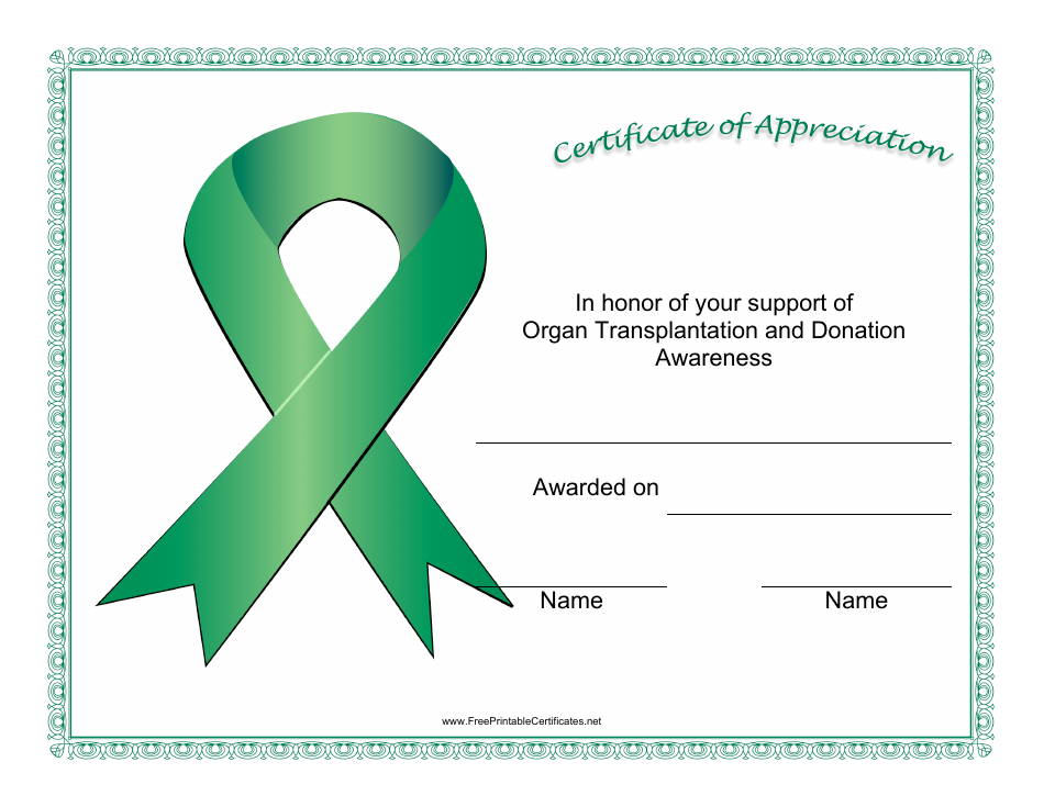 Organ Transplantation and Donation Awareness Certificate of Appreciation Template Image Preview