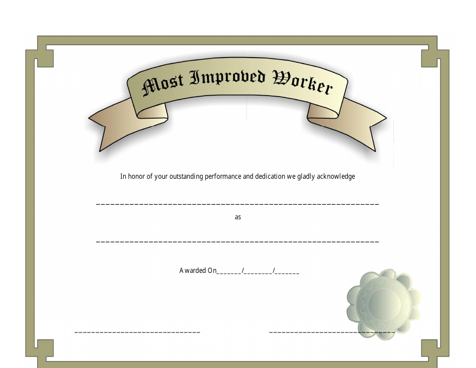Most Improved Worker Certificate Template - A professional certificate template to recognize the hard work and dedication of the most improved worker.