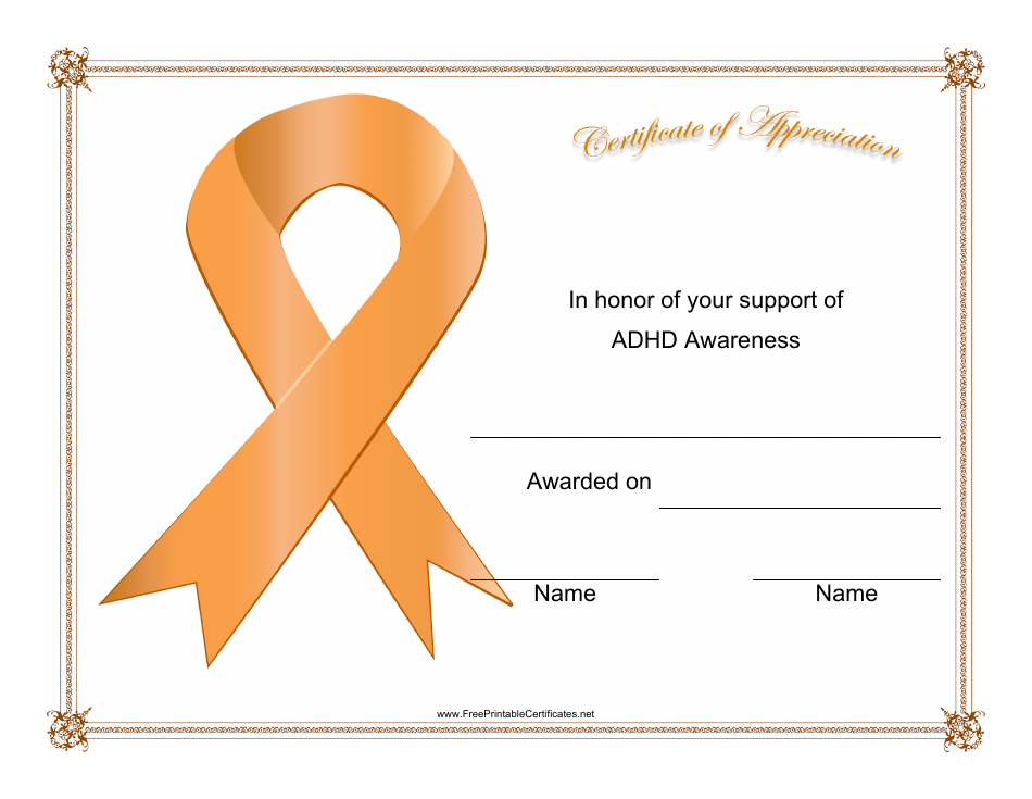 Adhd Awareness Certificate of Appreciation Template, Page 1