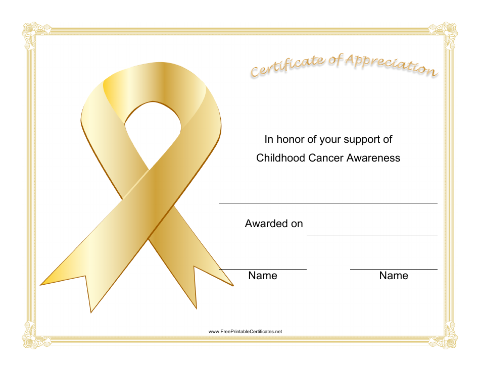 Childhood Cancer Awareness Certificate of Appreciation Template - A colorful and heartwarming certificate with illustrations representing childhood cancer awareness symbols such as gold ribbons and children's imagery.