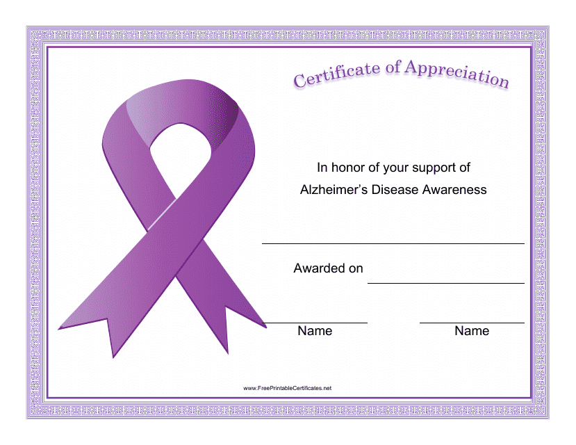 &quot;Alzheimer's Disease Awareness Certificate of Appreciation Template&quot; Download Pdf