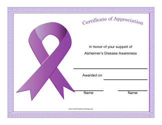 &quot;Alzheimer's Disease Awareness Certificate of Appreciation Template&quot;