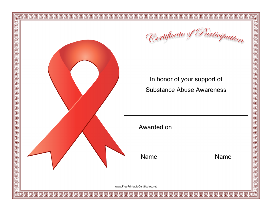 Substance Abuse Awareness Certificate of Participation Template, Page 1