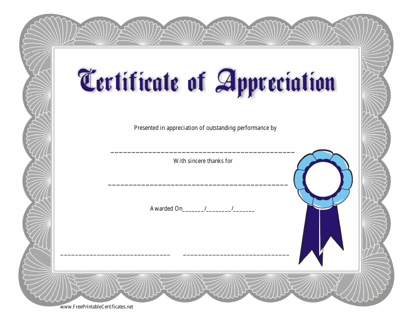 Silver Certificate of Appreciation Template - Blue Ribbon Download Pdf