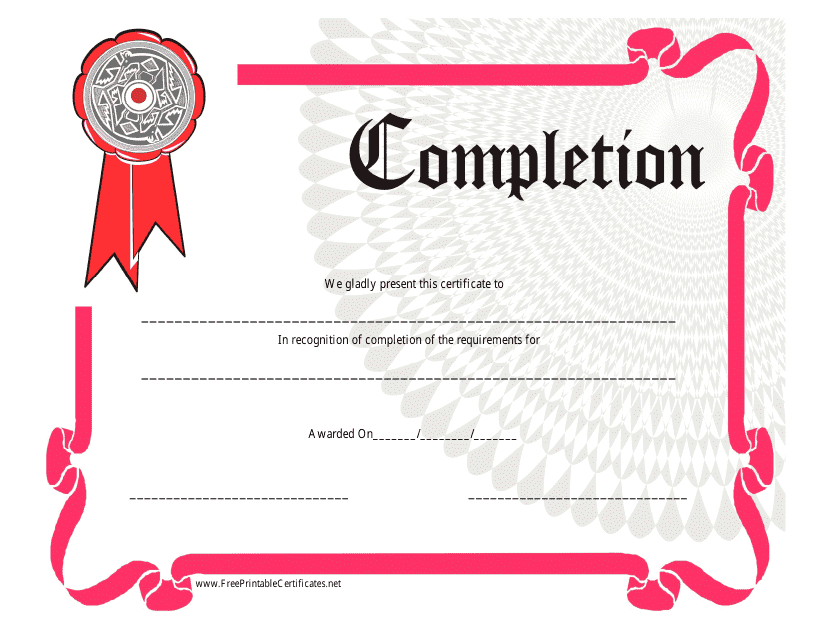 &quot;Pink Certificate of Completion Template - Red Ribbon&quot; Download Pdf