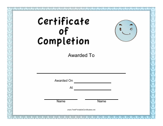 Document preview: Blue Certificate of Completion Template - Smile