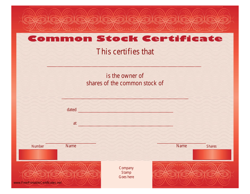 Red common stock certificate template preview