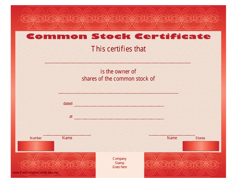 Red common stock certificate template preview