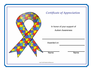 Document preview: Autism Awareness Ribbon Certificate of Appreciation Template