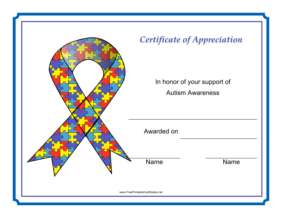 Autism Awareness Ribbon Certificate of Appreciation Template Image Preview