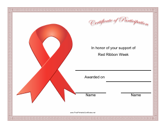&quot;Red Ribbon Week Ribbon Participation Certificate Template&quot;