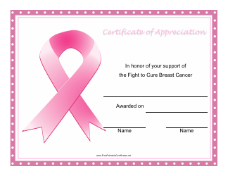 Document preview: Breast Cancer Fight Certificate of Appreciation Template