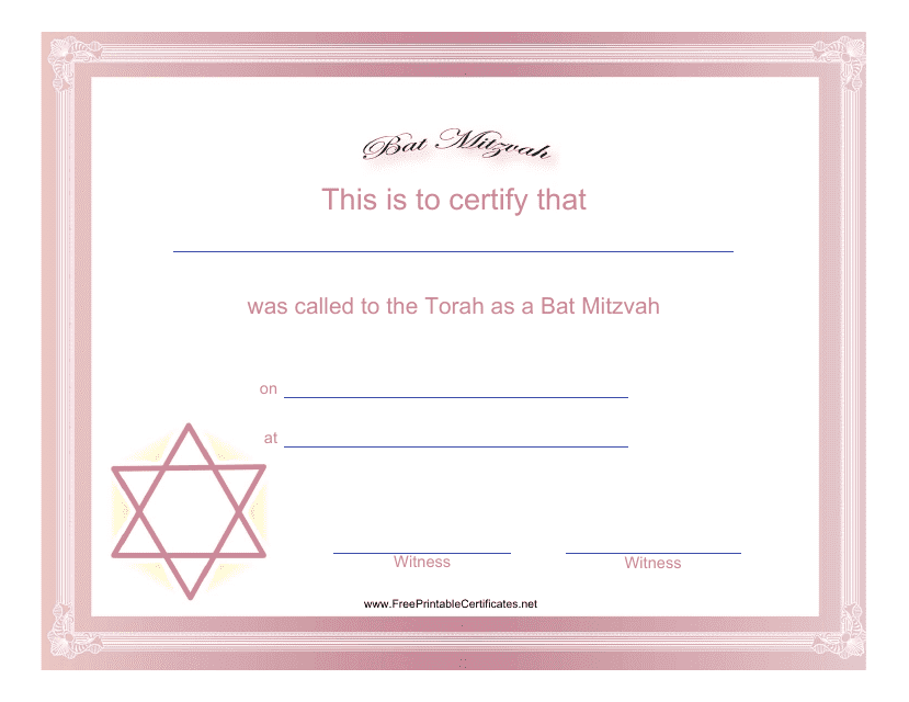 Pink and White Bat Mitzvah Certificate Template