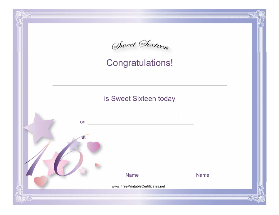 Sweet Sixteen Certificate Template, Page 1