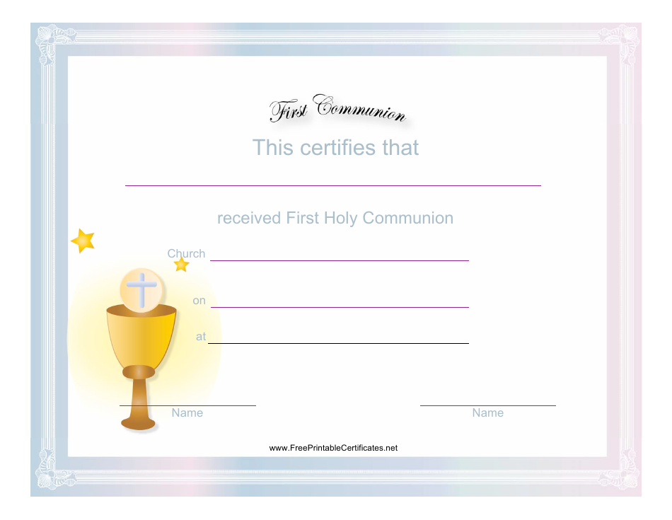 Blue First Communion Certificate Template