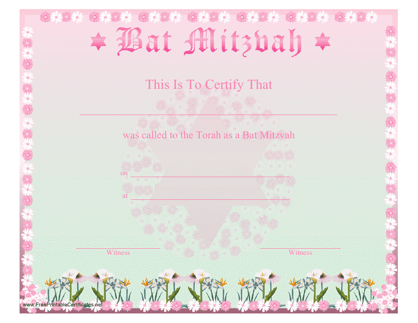 Bat Mitzvah Pink Certificate Template Download Pdf
