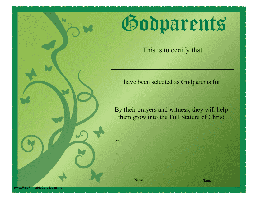 &quot;Green Godparent Certificate Template&quot; Download Pdf