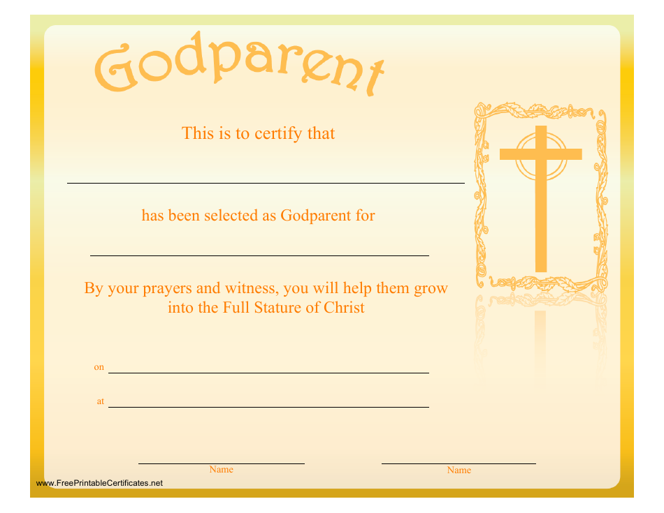 Beautiful yellow Godparent Certificate Template