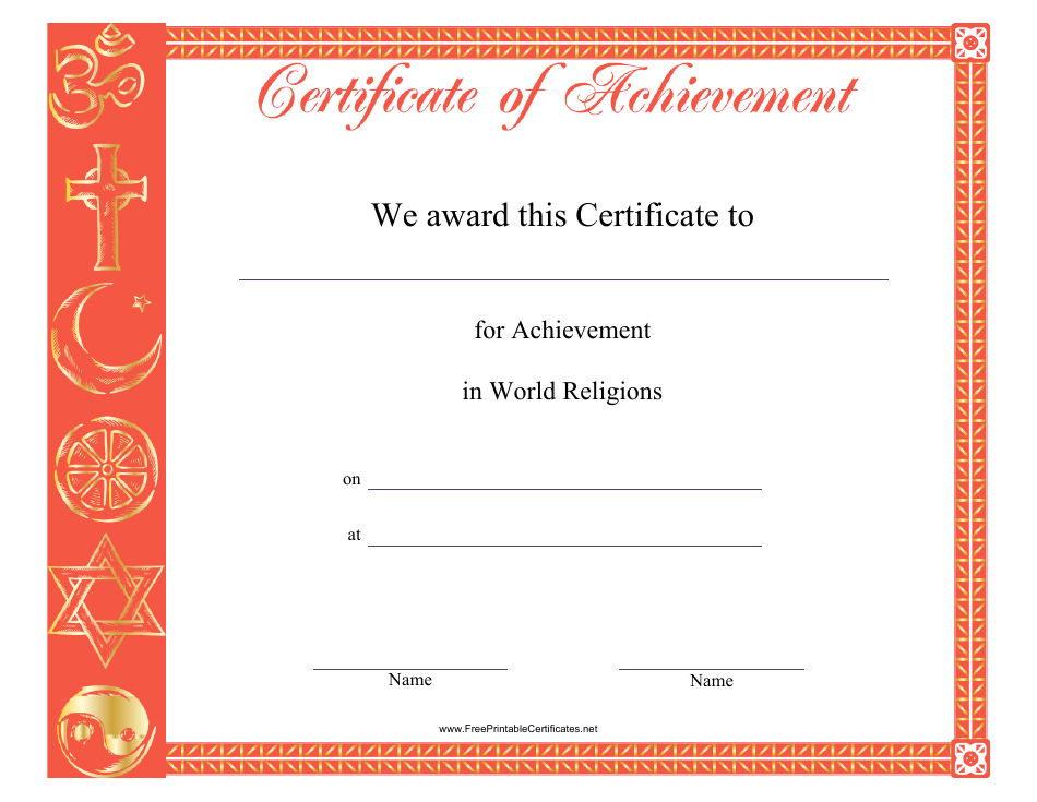 World Religions Achievement Certificate Template, Page 1
