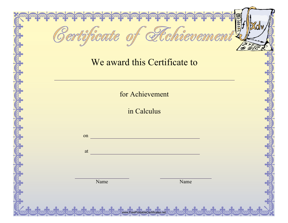 Calculus Achievement Certificate Template - [Year] (Editable)