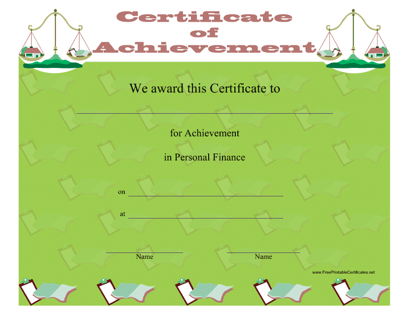 &quot;Personal Finance Achievement Certificate Template&quot; Download Pdf