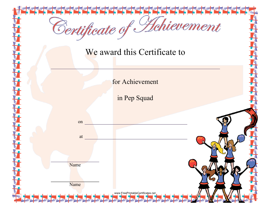 Pep Squad Achievement Certificate Template - Colorful design with energetic graphics to recognize the achievements of the pep squad. Ideal for printing and customization.