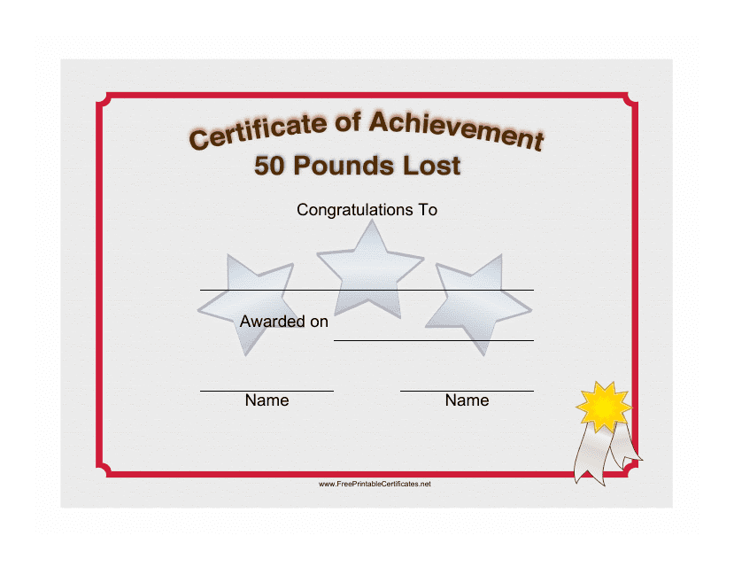 &quot;Weight Loss 50 Pounds Achievement Certificate Template&quot; Download Pdf