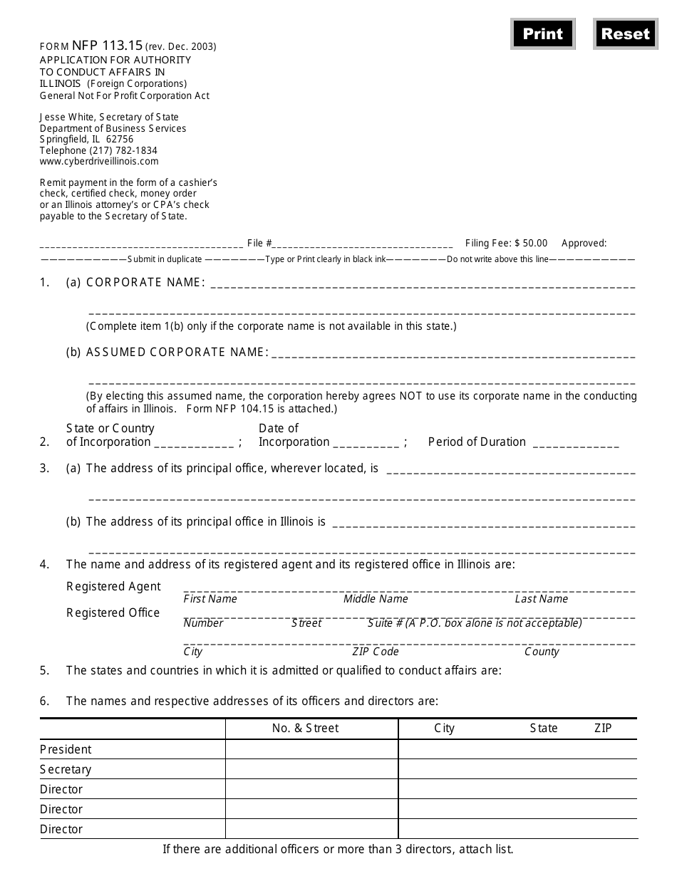 Form NFP113.15 Application for Authority to Conduct Affairs in Illinois - Illinois, Page 1