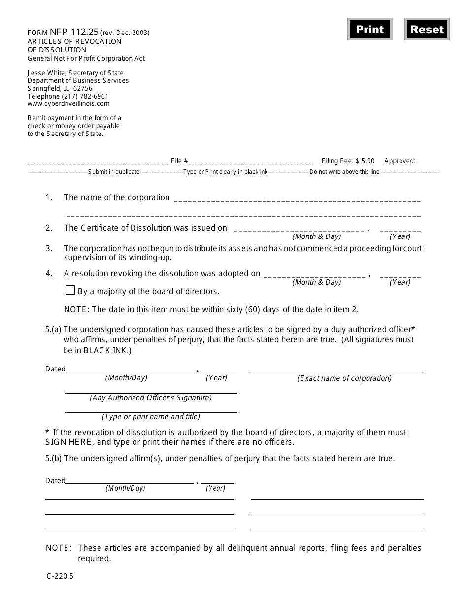 Form NFP112.25 - Fill Out, Sign Online and Download Fillable PDF ...