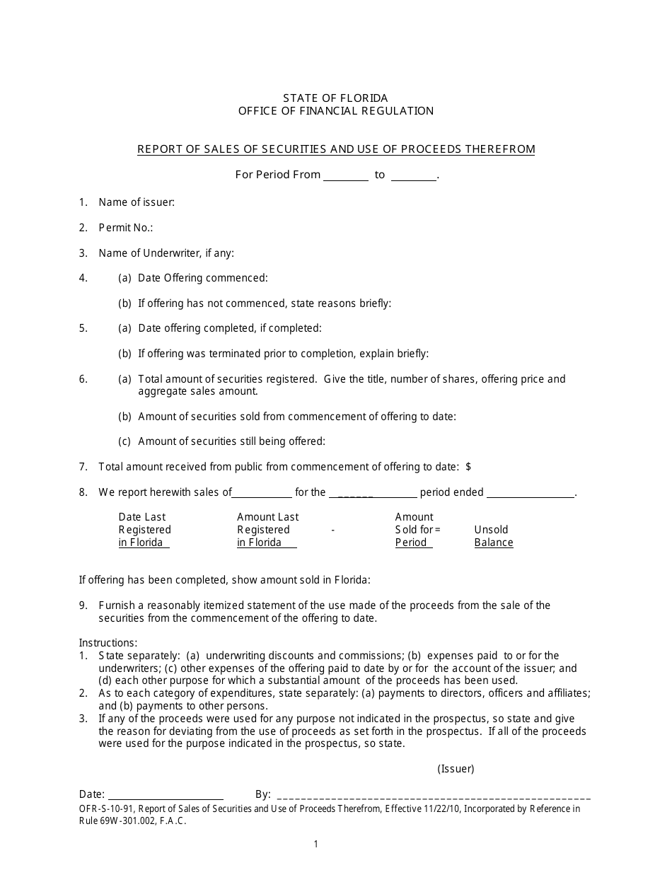 Form OFR-S-10-91 Report of Sales of Securities and Use of Proceeds Therefrom - Florida, Page 1