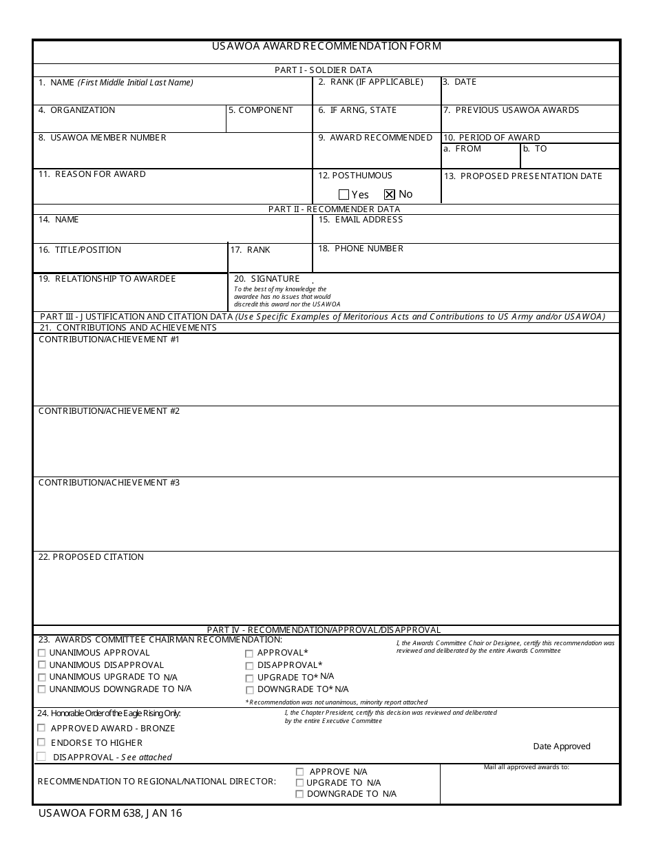 USAWOA Form 638 USAWOA Award Recommendation Form, Page 1