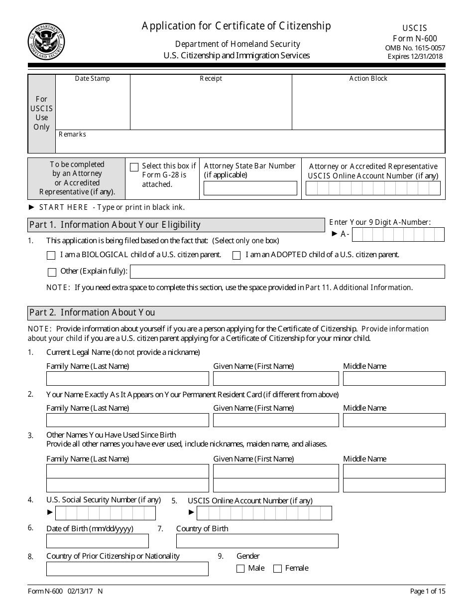 USCIS Form N-600 Application for Certificate of Citizenship, Page 1