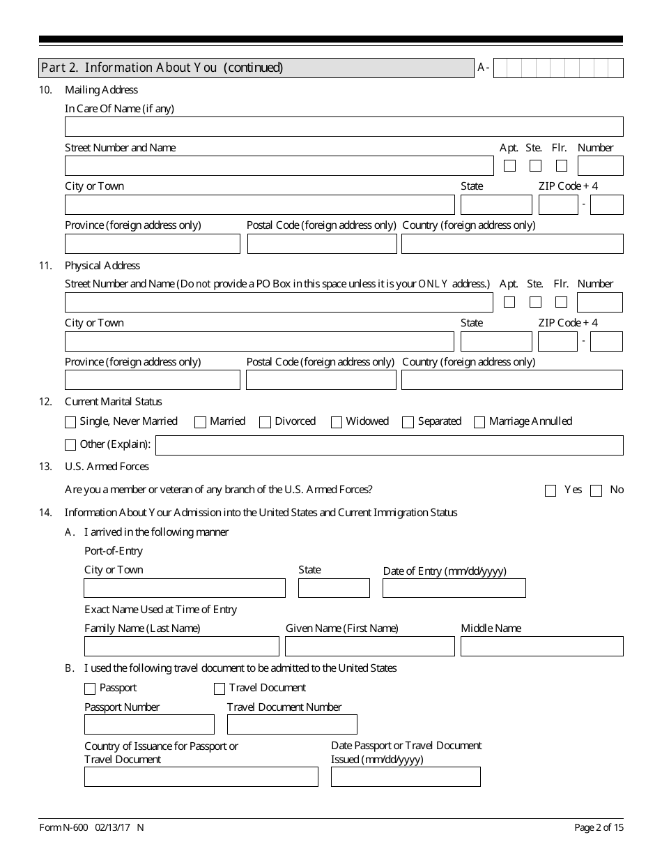 USCIS Form N-600 Application for Certificate of Citizenship, Page 2