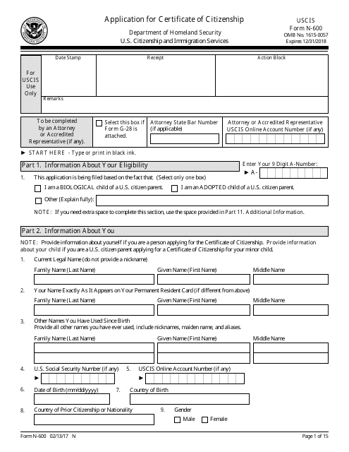 USCIS Form N-600 Application for Certificate of Citizenship