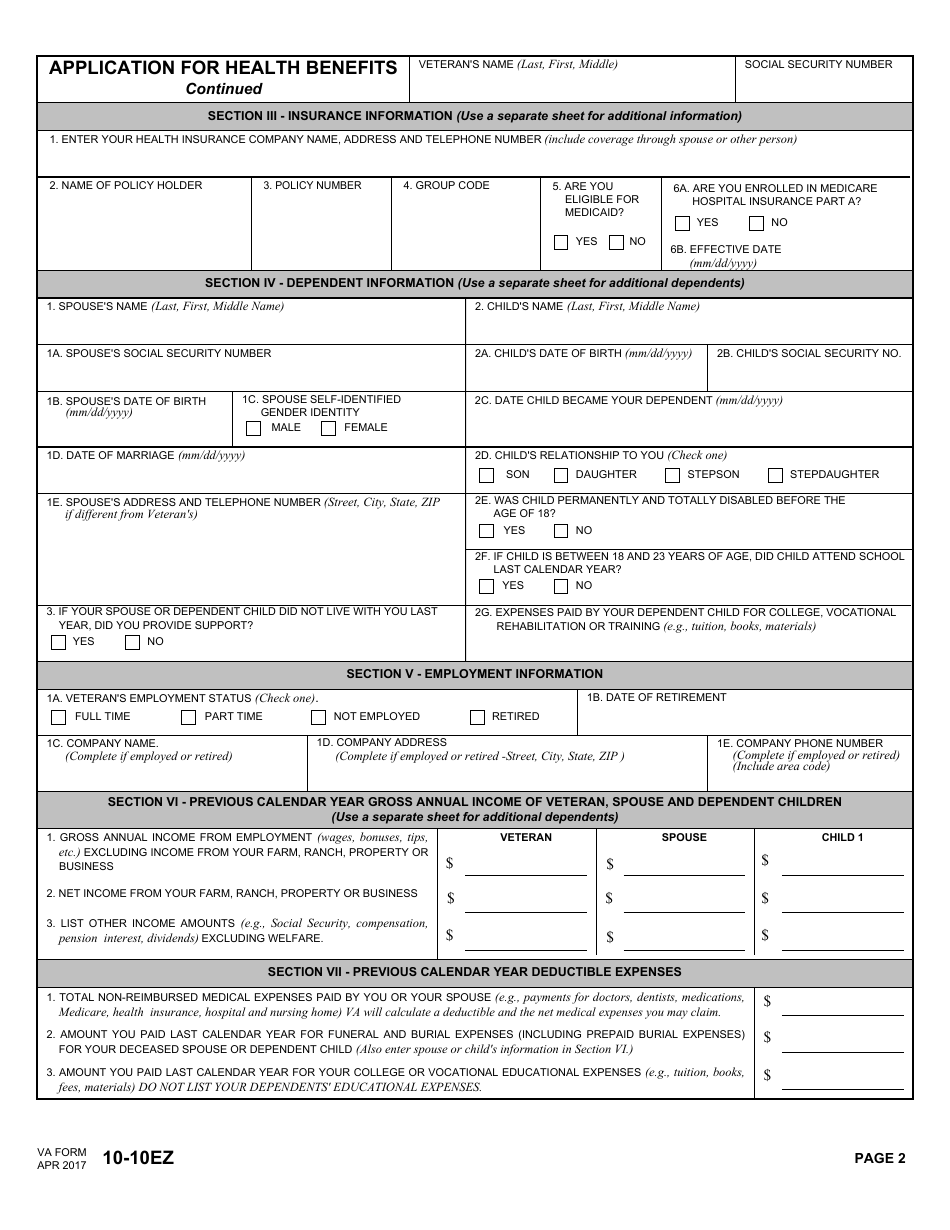 VA Form 10-10EZ - Fill Out, Sign Online And Download Fillable PDF ...