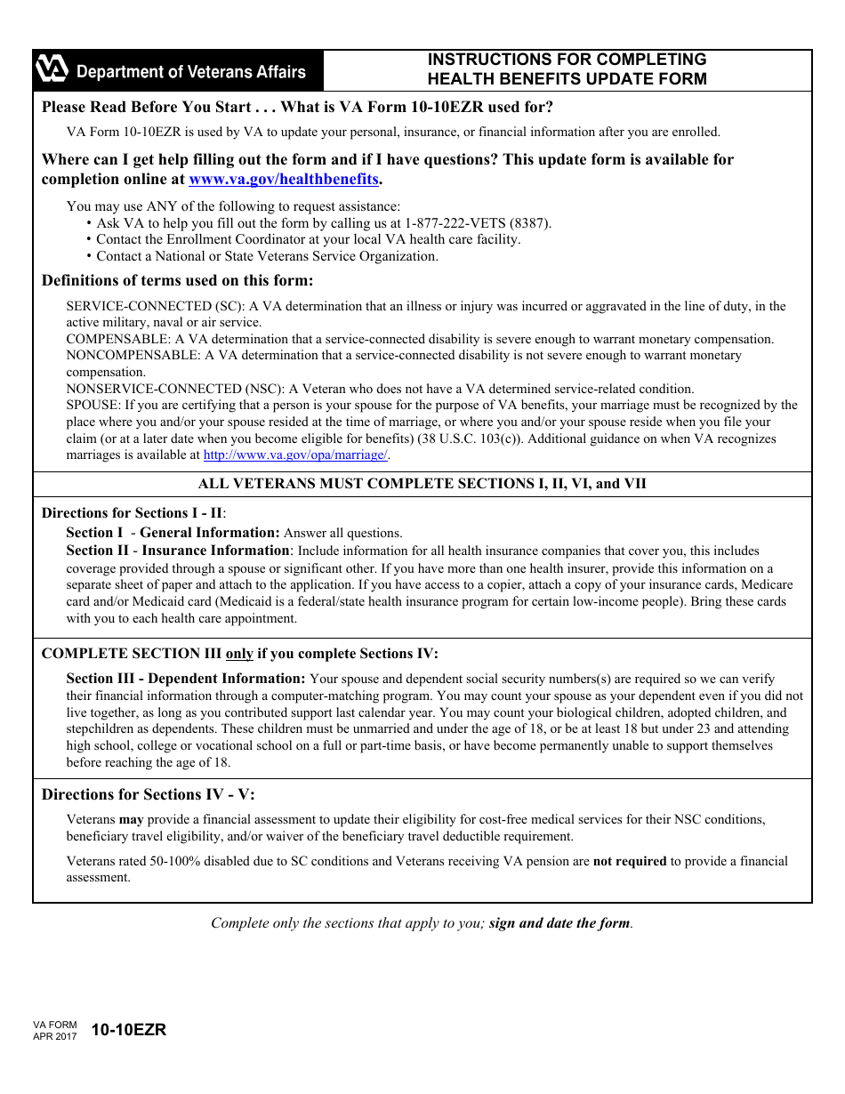 VA Form 10-10EZR Heath Benefits Update Form, Page 1