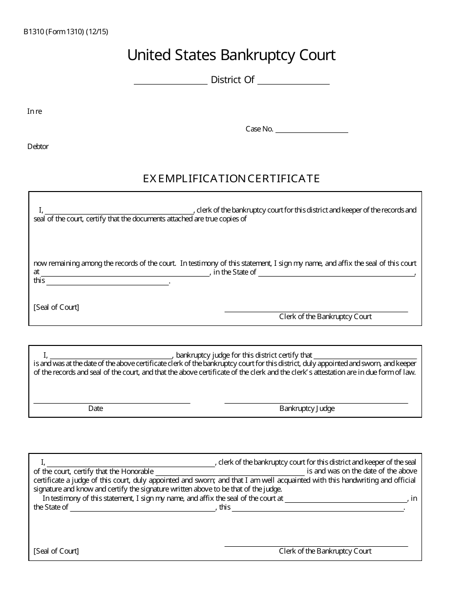 Form B1310 Exemplification Certificate, Page 1