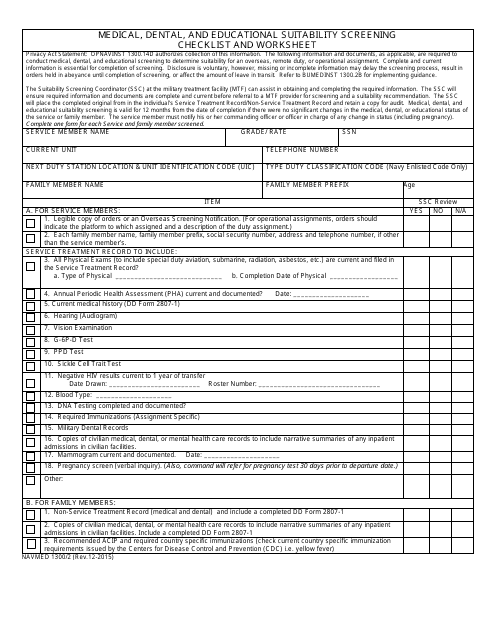 NAVMED Form 1300/2 Medical, Dental, and Educational Suitability Screening Checklist and Worksheet