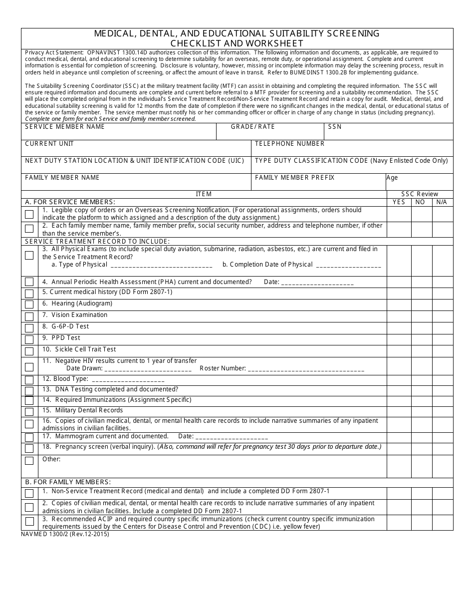 NAVMED Form 1300 / 2 Medical, Dental, and Educational Suitability Screening Checklist and Worksheet, Page 1
