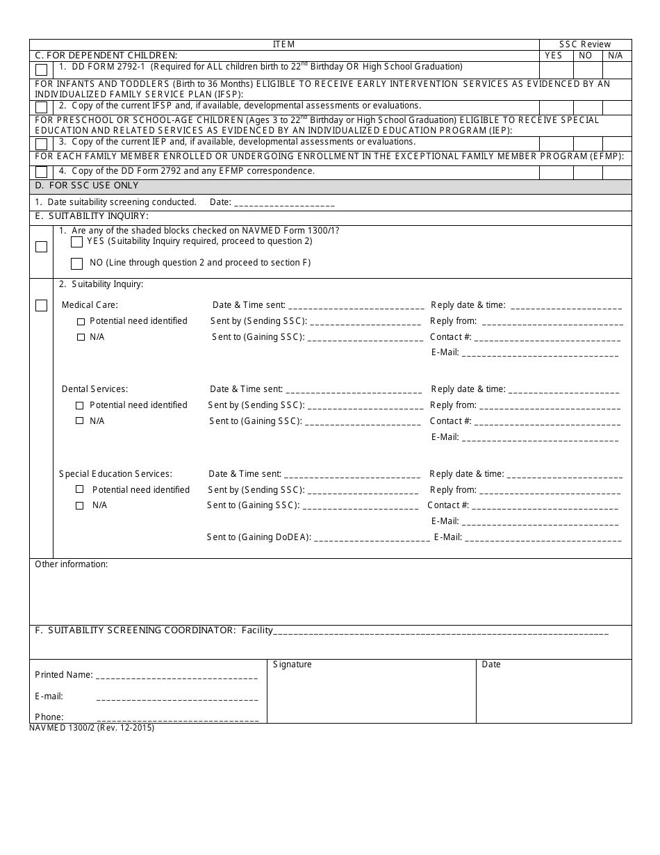 NAVMED Form 1300 / 2 Medical, Dental, and Educational Suitability Screening Checklist and Worksheet, Page 2