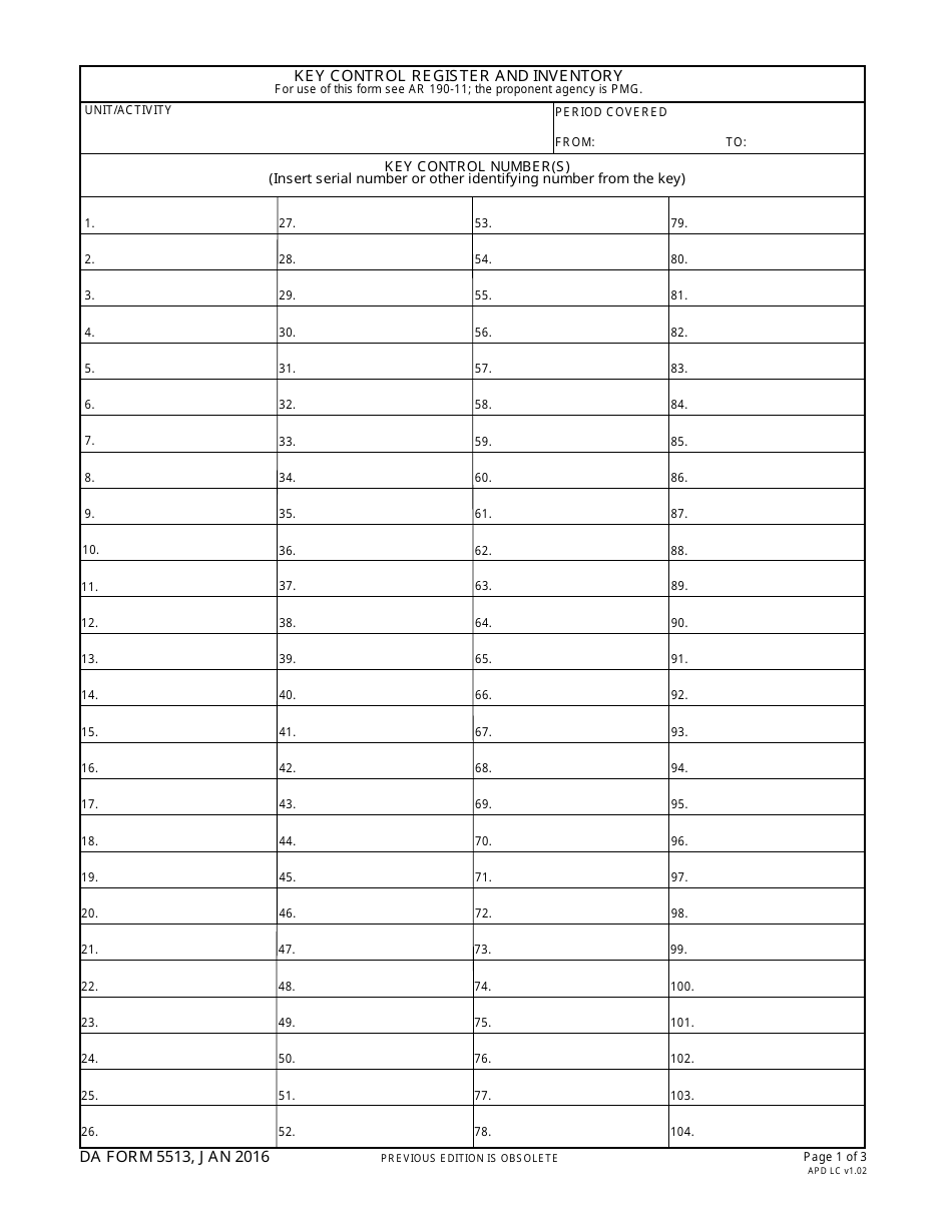 DA Form 5513 Key Control Register and Inventory, Page 1